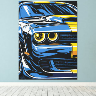 Impressão Em Tela Ilustração Pop Art de Carro Musculoso Azul Retrô n