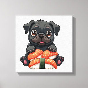 Impressão Em Tela Ilustração Vetorial de Sushi de Pug Preto Fofo Vin
