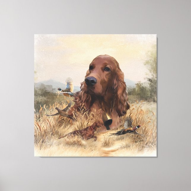 Impressão Em Tela Irish Setter Hunting Pheasant ,Art (Frente)