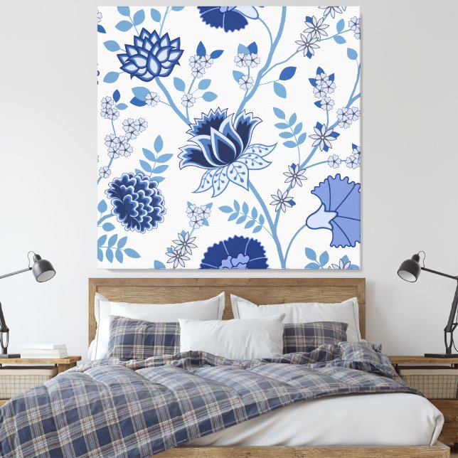 Impressão Em Tela Jacobean Floral Lg Pattern Blue em Branco (Insitu(Quarto))