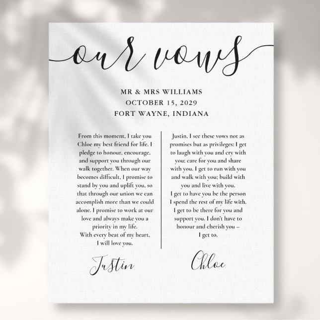 Impressão Em Tela Juramentos de Casamento Dele e Dela Script Preto e (His And Hers Wedding Vows Black And White Script Canvas Print)