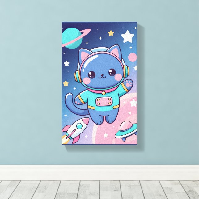 Impressão Em Tela Kawaii Cat Astronaut Space Cute Galactic Wall Art (Insitu(piso de madeira))