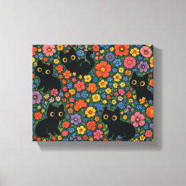 Impressão Em Tela Kawaii Garden Art | Cute Black Cat Floral Pattern