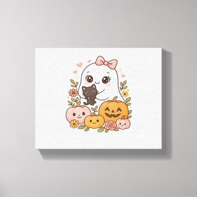 Impressão Em Tela Kawaii Ghost Halloween Black Pumpkin Fall Spot (Frente)