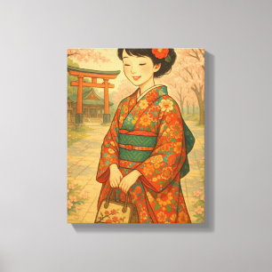 Impressão Em Tela Kimono Japonês e Cherry Blossoms