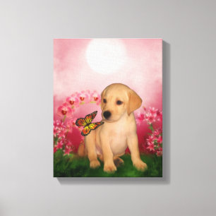 Impressão Em Tela Labrador Amarelo Flores de Borboleta Cão Arte