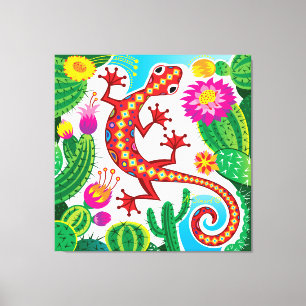 Impressão Em Tela Lagartixa do Sudoeste com Flores de Cacto