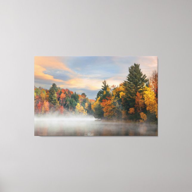 Impressão Em Tela Lago Fog Fall Foliage Sunrise Mountain New England (Frente)