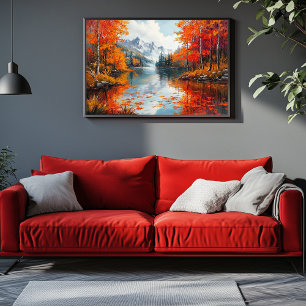 Impressão Em Tela Lago Tranquilo, cercado por árvores do outono