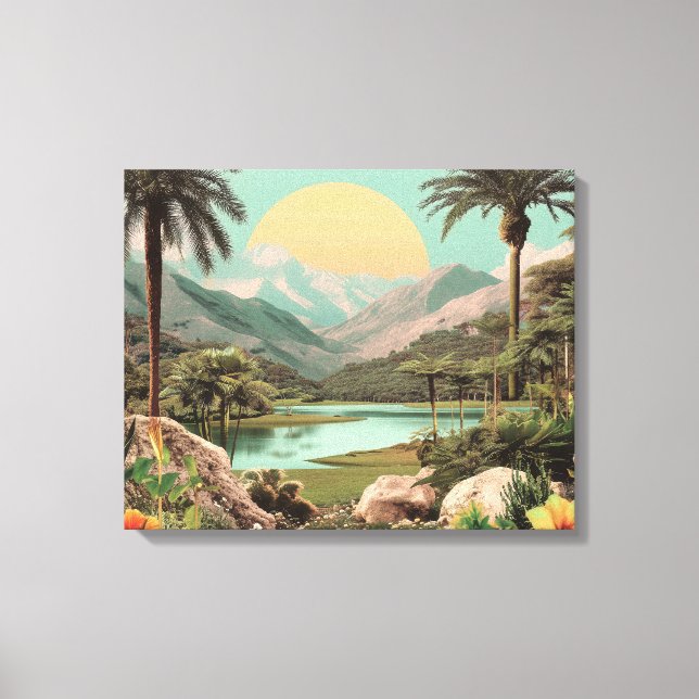 Impressão Em Tela Lago Tropical Surreal Com Palmeiras (Frente)