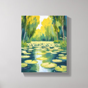 Impressão Em Tela Lagoa de Folhas de Lírio   Natureza em Aquarela Ve