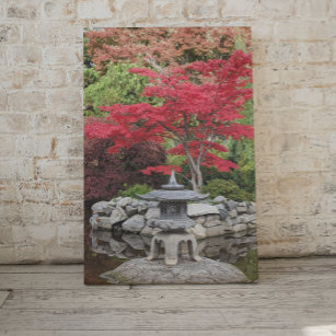 Impressão Em Tela Lanterna do Jardim Japonês e Folhas Vermelhas do M
