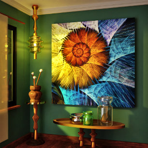 Impressão Em Tela Laranja Floral Amarelo Azul Abstrato Art