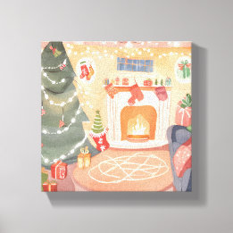 Impressão Em Tela Lareira de Natal em Aquarela