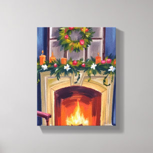 Impressão Em Tela Lareira Festiva Coroa de Natal Aquarela