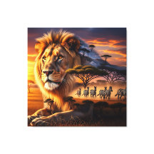 Leão Africano & Zebra Pôr do Sol Arte em Tela