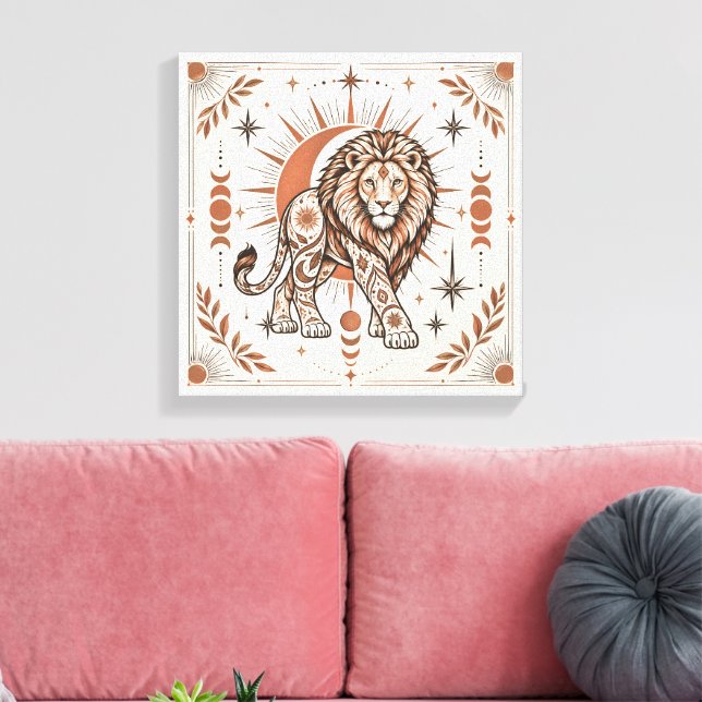 Impressão Em Tela Leão Boho Celestial Sol Lua Animal Ornado  (Insitu(Sala de estar))