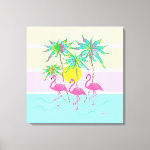 Impressão Em Tela Legal Rosa Flamingos Sun e Palm Trees Wall Art