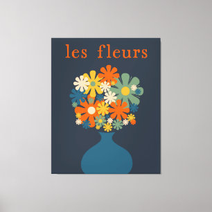 Impressão Em Tela Les Fleurs Retro Flowers in Vase Blue Orange