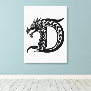Impressão Em Tela Letra D Estilizada com Dragão, Alfabeto de Dragão,