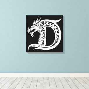 Impressão Em Tela Letra D Estilizada com Dragão, Alfabeto de Dragão,