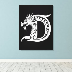 Impressão Em Tela Letra D Estilizada com Dragão, Alfabeto de Dragão,