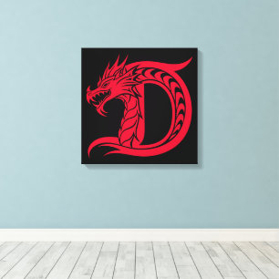 Impressão Em Tela Letra D Estilizada com Dragão, Alfabeto de Dragão,