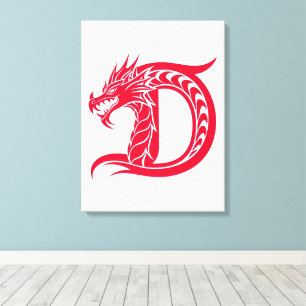 Impressão Em Tela Letra D Estilizada com Dragão, Alfabeto de Dragão,