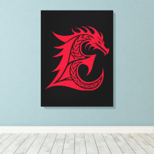 Impressão Em Tela Letra E Estilizada com Dragão, Alfabeto de Dragão,
