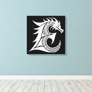 Impressão Em Tela Letra E Estilizada com Dragão, Alfabeto Dragão, Mo
