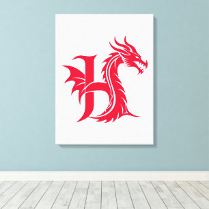 Impressão Em Tela Letra H Estilizada com Dragão, Alfabeto de Dragão,