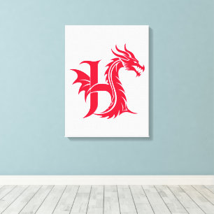 Impressão Em Tela Letra H Estilizada com Dragão, Alfabeto de Dragão,