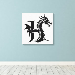 Impressão Em Tela Letra H Estilizada com Dragão, Alfabeto de Dragão,