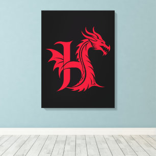 Impressão Em Tela Letra H Estilizada com Dragão, Alfabeto de Dragão,