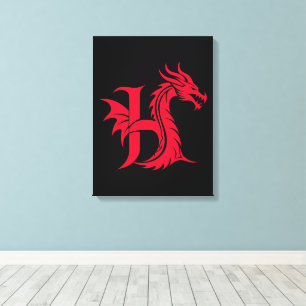 Impressão Em Tela Letra H Estilizada com Dragão, Alfabeto de Dragão,