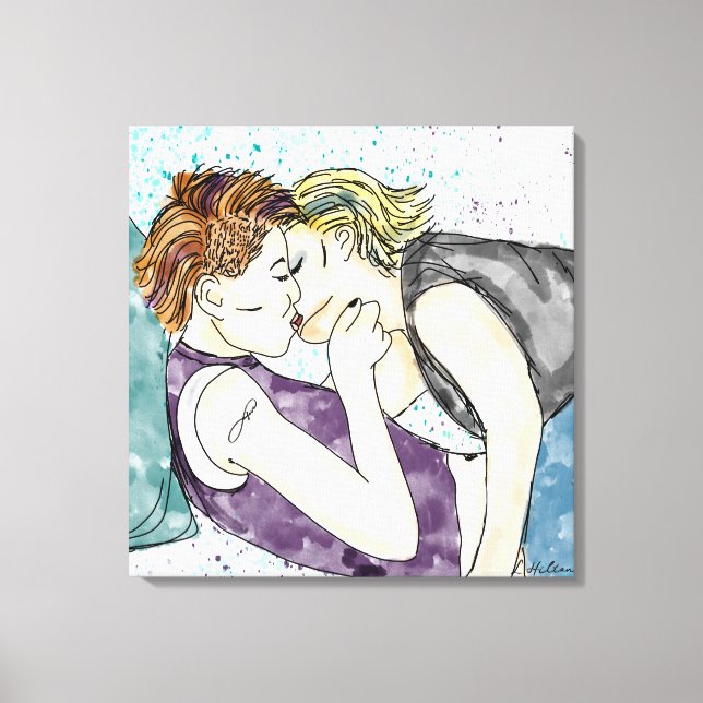Impressão Em Tela LGBTQIA+ Mulheres Beijando Arte Watercolor (Frente)
