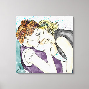 Impressão Em Tela LGBTQIA+ Mulheres Beijando Arte Watercolor
