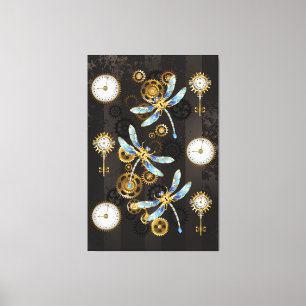 Impressão Em Tela Libélulas Steampunk em fundo listrado marrom