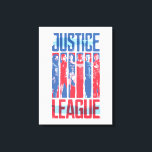 Impressão Em Tela Liga da Justiça | Blue & Red Group Pop Art<br><div class="desc">Este gráfico patriótico da Liga da Justiça é pintado em azul e vermelho,  os membros da Liga se posaram em faixas de cores alternadas entre o logotipo do filme da Liga da Justiça.</div>