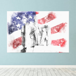 Impressão Em Tela Lincoln Memorial watercolor bandeira americana a b