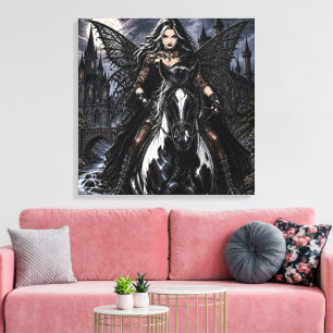 Impressão Em Tela Linda Fada Gótica em Cavalo Preto