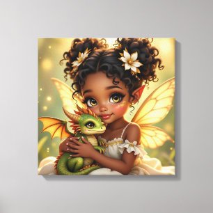Impressão Em Tela Linda Garota Fada de Anime e Dragão Chibi