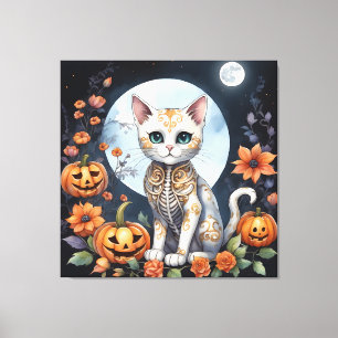Impressão Em Tela Linda Lua Floral do Dia das Bruxas de Gato - Whimi