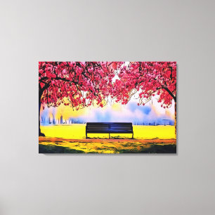 Impressão Em Tela Linda paisagem com cerejeiras e um banco