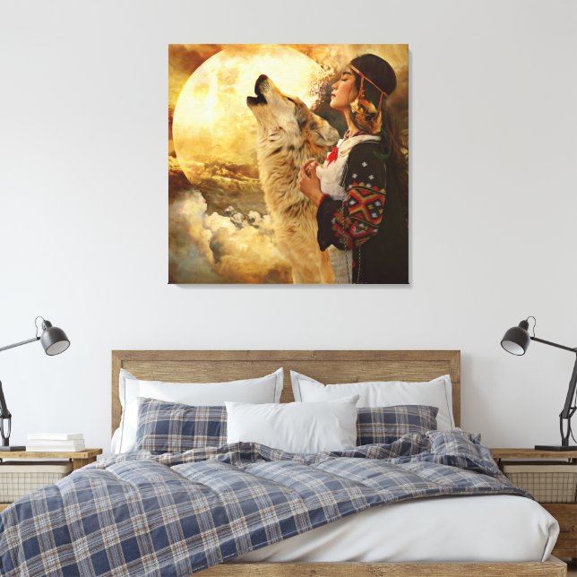 Impressão Em Tela Linda pintura indiana de lobo e lua cheia (Insitu(Quarto))