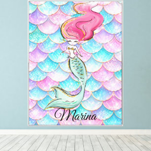 Impressão Em Tela Linda Princesa Sereia Pastel Rosa Escamas Água