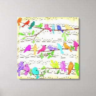 Impressão Em Tela Linda Sinfonia de Aves Musicais Coloridas - Canç