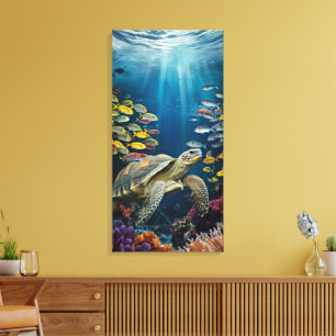 Impressão Em Tela Linda Tartaruga, Peixe e Plantas Marinhas Impressã
