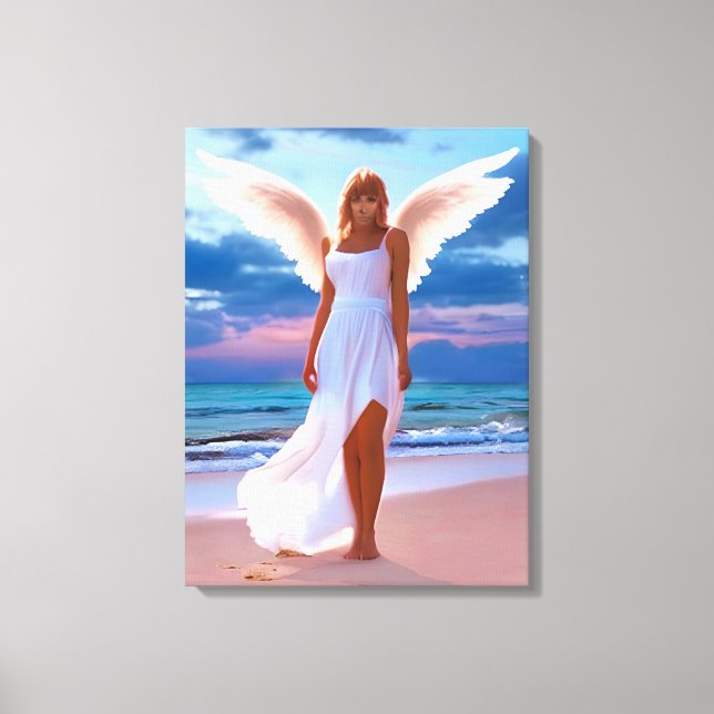 Impressão Em Tela Lindas mulheres com anjos em uma praia (Frente)