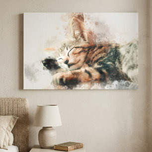 Impressão Em Tela Lindo e fofo gatinho dormindo aquarela